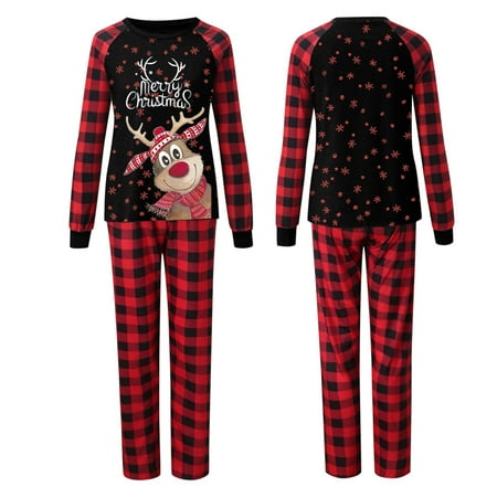 

XIAOFFENN Parent-child Attire Christmas Suits Patchwork Plaid Printed Homewear Round Neck Long Sleeve Pajamas Two-piece Mom Sets