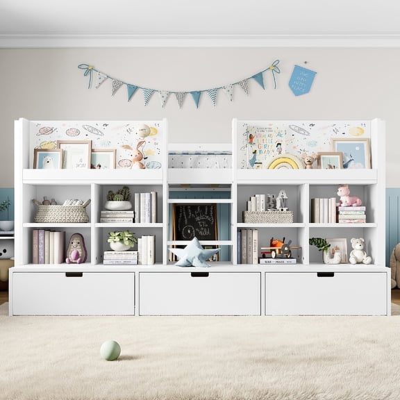 Twin Size Loft Bed with Curtain under the Bed and Chalkboard, Low Loft Bed with Multi-storage Shelves and Storage for Bedroom, Apartment, Mattress not included,White