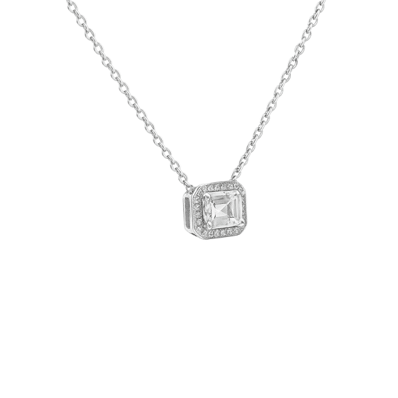 Platinum Plated Sterling Silver Emerald-Cut Halo Pendant Necklace with A5 CZ Diamonds, 18” Chain, 2.77g