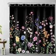 HVEST Farmhouse Floral Shower Curtain for Bathroom,Nature Colorful Wildflower and Green Botanical on Black Fabric Shower Curtain with Hooks,Spring Country Theme Bathroom Curtains Shower Set, 69x70 inc