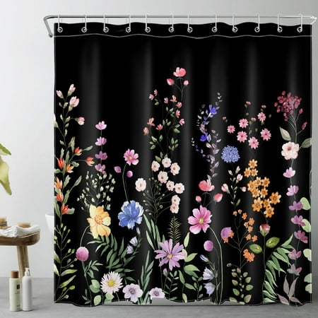 HVEST Farmhouse Floral Shower Curtain for Bathroom,Nature Colorful Wildflower and Green Botanical on Black Fabric Shower Curtain with Hooks,Spring Country Theme Bathroom Curtains Shower Set, 69x70 inc