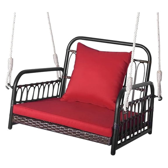 Hanging Porch , 1 Person Patio Wicker Chair with Metal Frame, Cushion, Ropes & , Outdoor PE Rattan Seat for Lawn Garden Backyard Balcony, Red