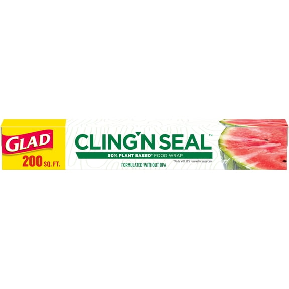 Glad Cling'N Seal Plant Based Food Wrap, 200 sq ft Roll