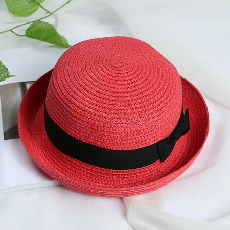 Girl Red Soft Straw Round Top Fedora Hat Ribbon Bowler 2