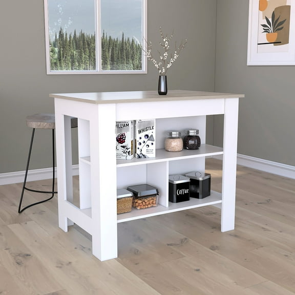 Kitchen Island 35" Height, White/ Gray, Three Shelves For Towels, Fits Various Sizes With Open Shelves, H, Convenient Use