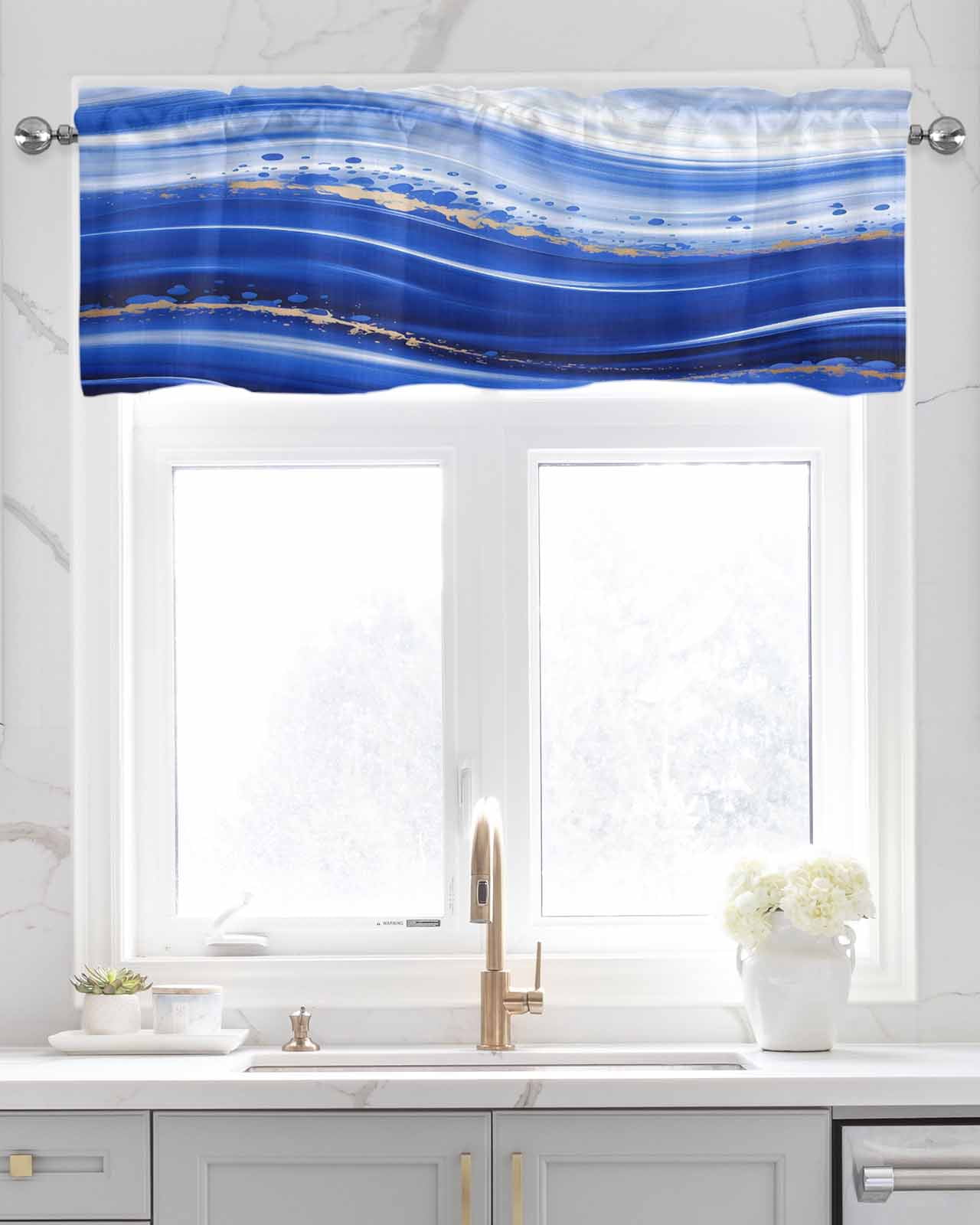 Blue Waves Abstract Kitchen Valances for Windows Farmhouse Linen Window Valance Curtain for Living Room Window Treatment Ocean Fluid Gradient Luxury Valance Rod Pocket Topper Drape, 54 x 18 Inch