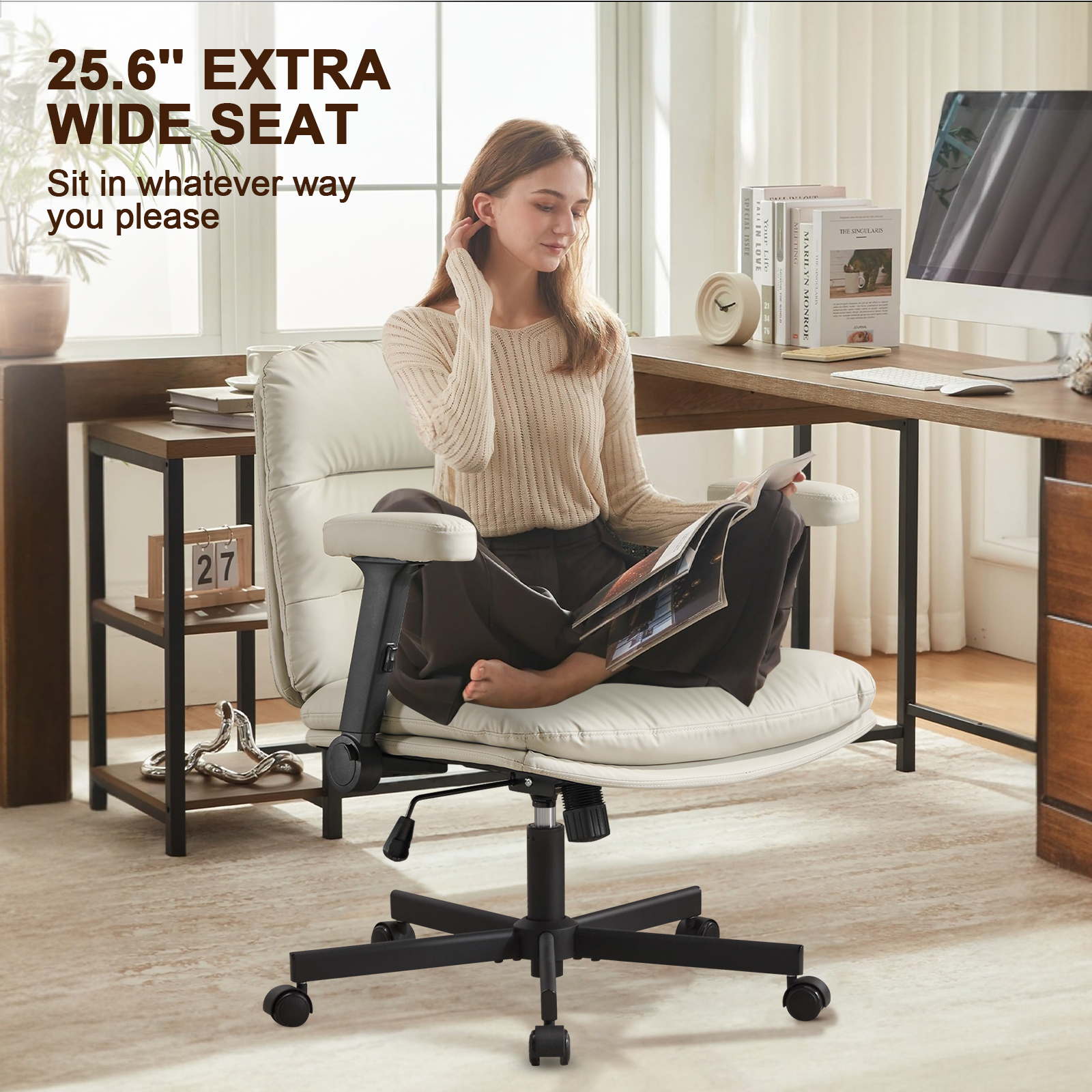 Falvinoryn 25.6" Wide Seat Office Chair, High Back Ergonomic Task Chair with Padded Adjustable Armrests and Double Cushion, Swivel Home Office Desk Chair for Office, Bedroom (Off-white)