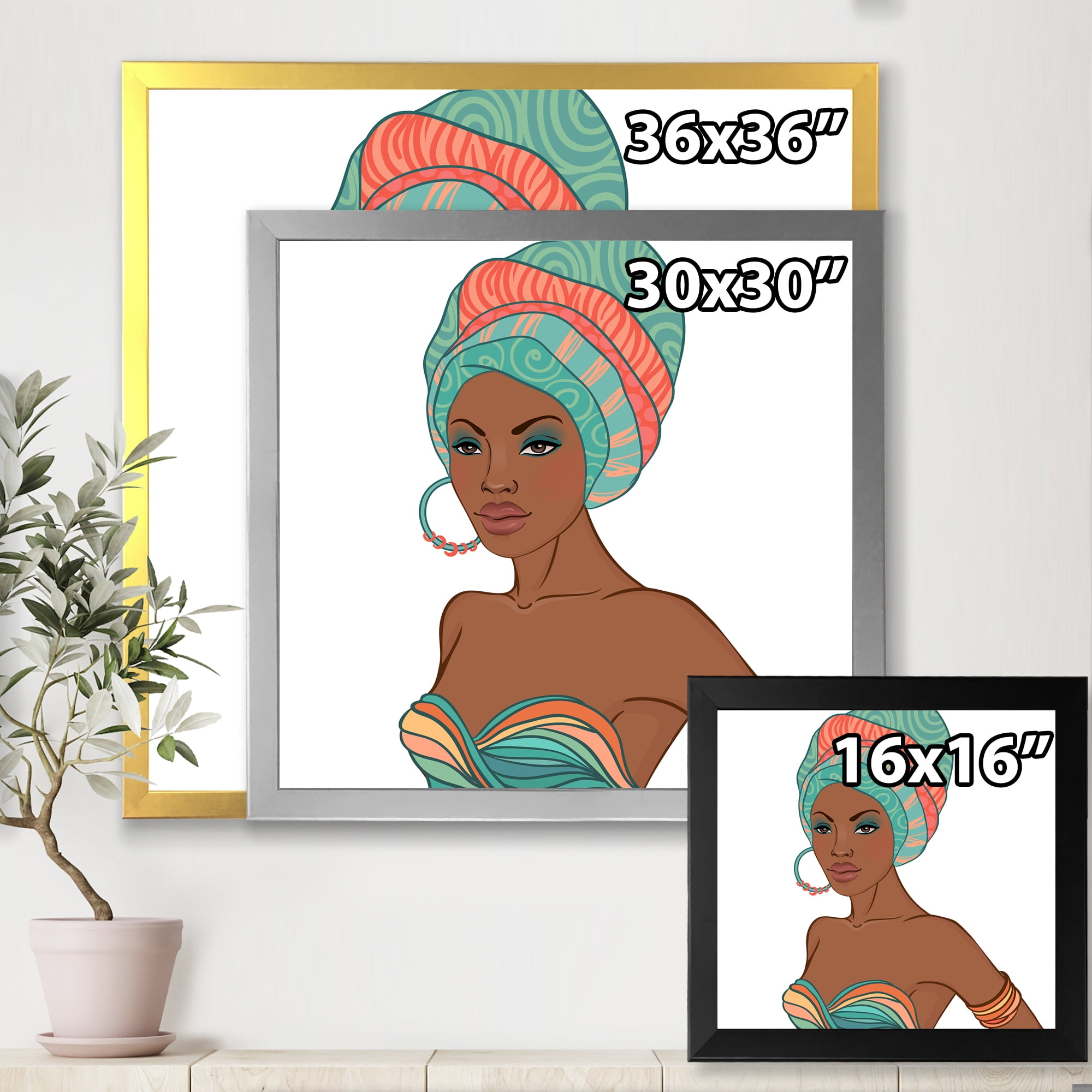 African American Woman With Turban and Earring 16 in x 16 in Framed Painting Canvas Art Print, by Designart