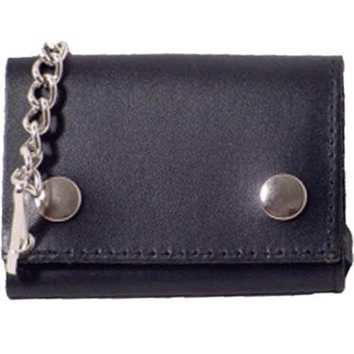 Black Full Grain Leather Men's Biker's Chain Trifold Wallet Trucker Motorcycle Plain or Eagle Print