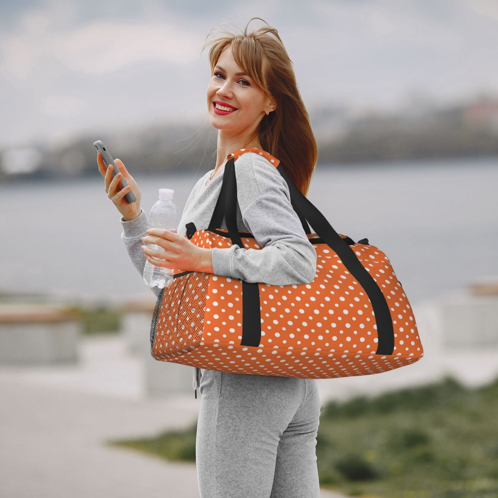 Fuzoiu Orange And White Polka Dot Print Travel Duffle Bag,Carry On Tote Bags,Duffel Bag,Sport Gym Bag, Hospital Bag for Labor and Delivery, Overnight Bag,Luggage Bag