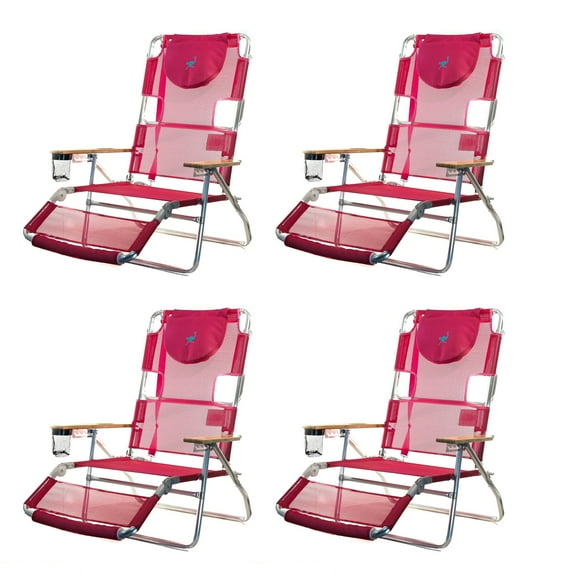 Ostrich 3-N-1 Light Aluminum Multi-Position Reclining Beach Chair, Pink (4 Pack)