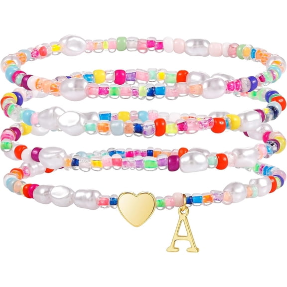 Colorful Initial Bracelets for Girls Women Teens, 4PCS Gold Boho Beaded Pearl Heart Stretch Bracelets, Cute Stackable Jewelry Set Trendy Birthday Gifts