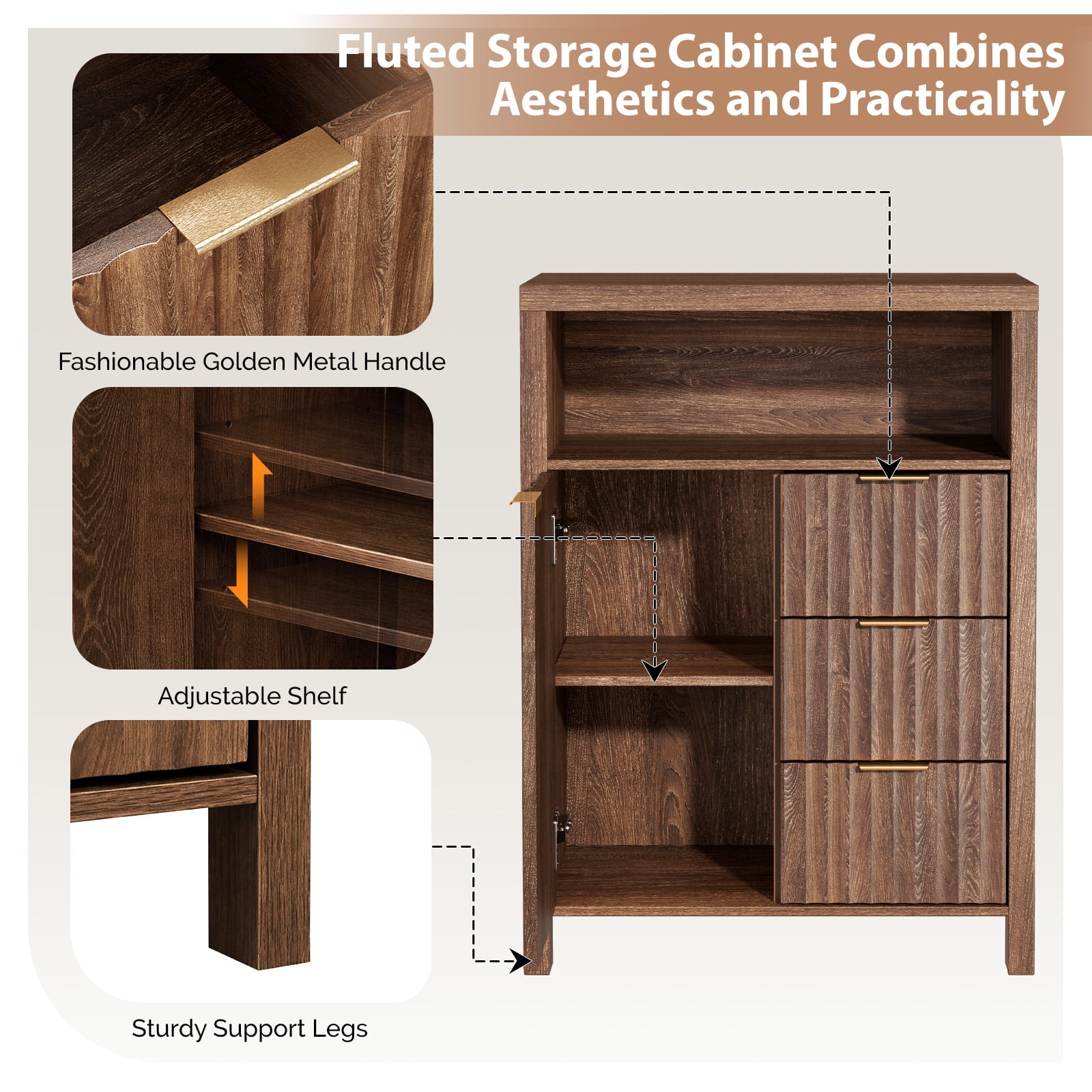 Ktaxon Fluted MDF Bathroom Floor Cabinet with Grille Single Door and Three Drawers, Walnut
