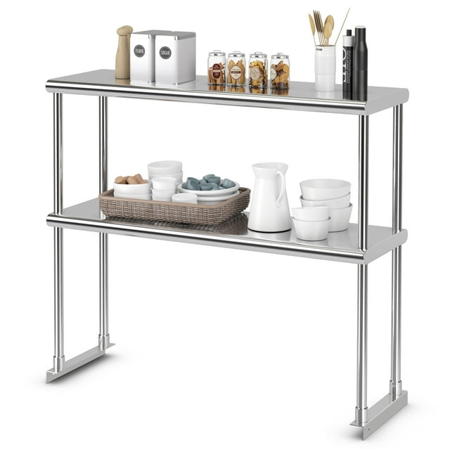 Costway Étagère Supérieure à 2 Niveaux de 36 Pouces pour Préparation et Table de Travail en Acier Inoxydable, Tablette Inférieure Ajustable