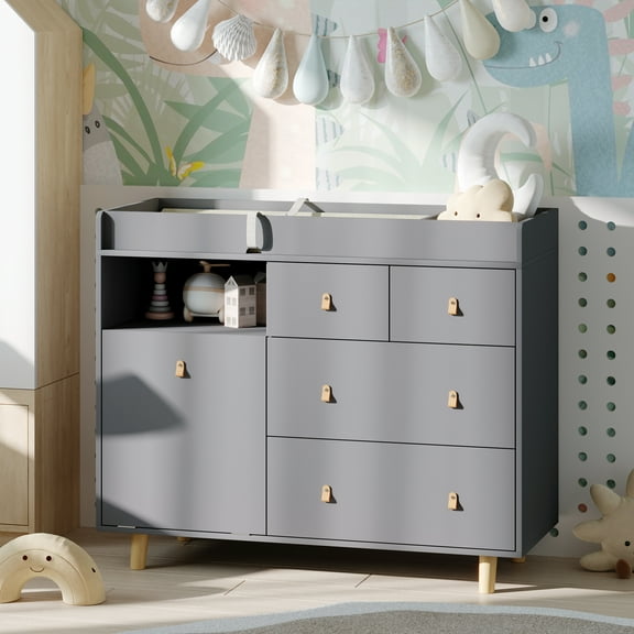 OXYLIFE 45" Baby Nursery Changing Table Dresser with 4 Drawers and Shelf for Nursery Room, Gray