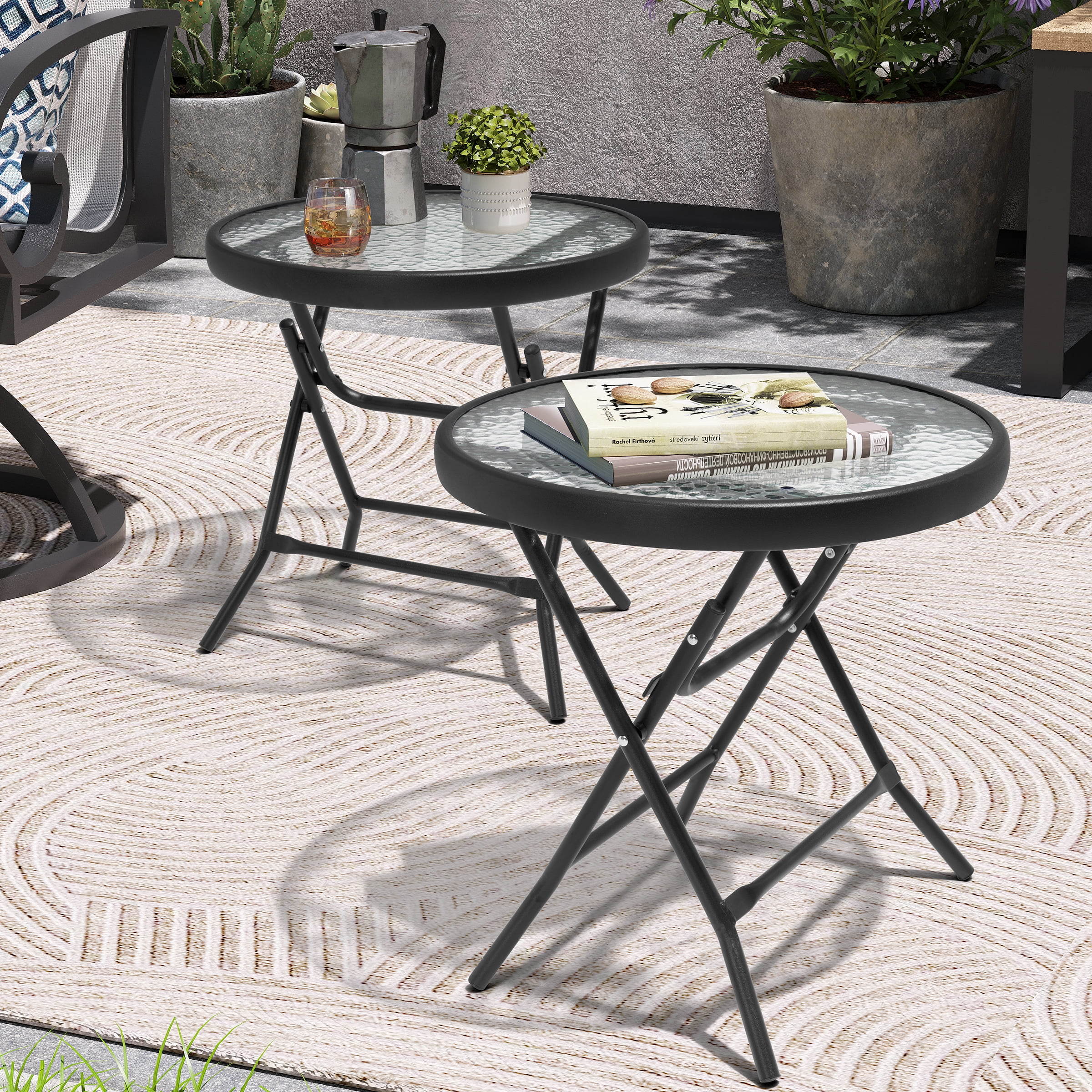 Crestlive Products Foldable Patio Side Table with Tempered Glass Top 18" Small Glass Patio End Tables (Black，2PCS)