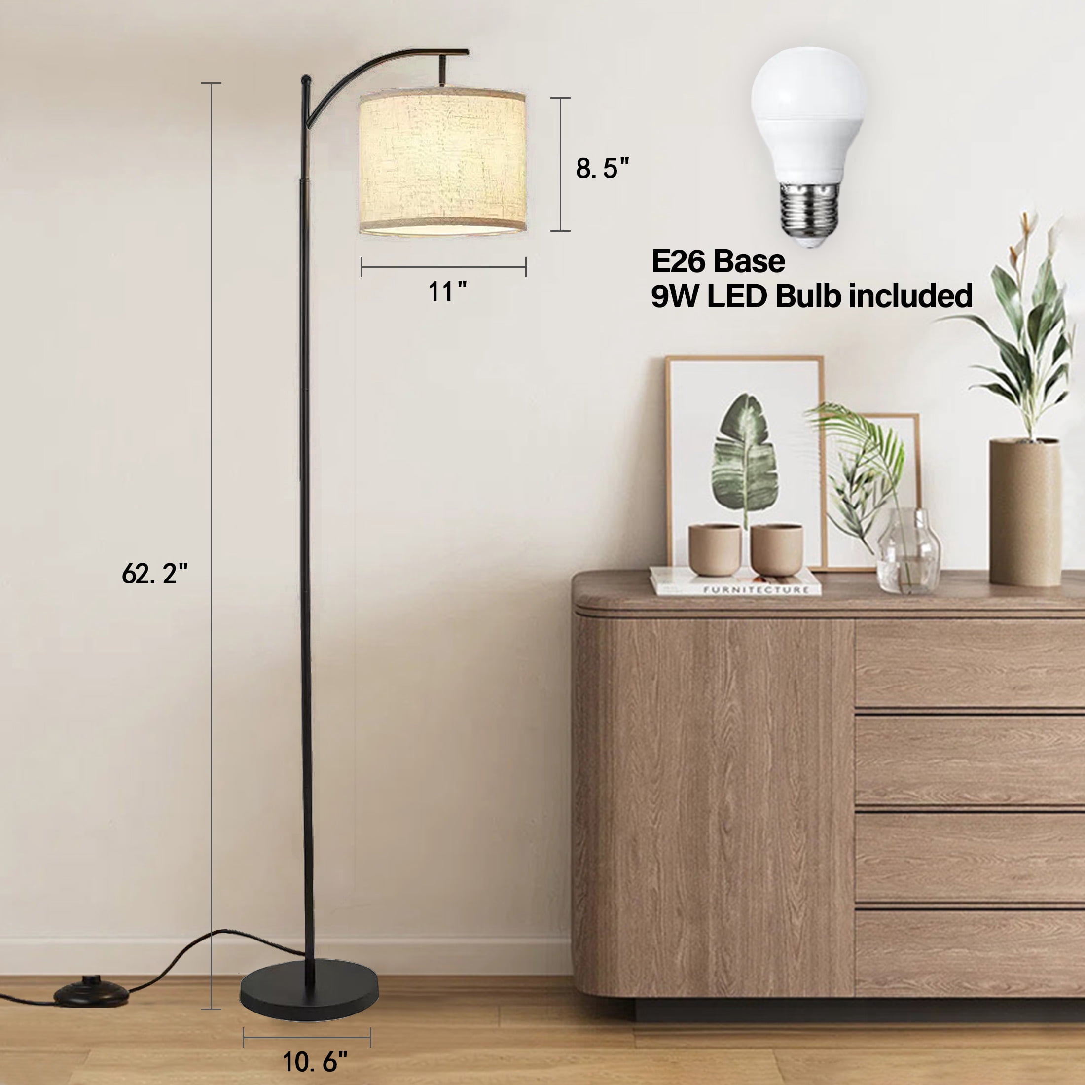 Dimmable Floor Lamp with Remote , Arc Floor Lamps for Living Room, Modern Standing Lamp with Linen Shade & 3 Color Temperatures LED Bulb, Tall Lamp for Bedroom Office Dining Room- Black
