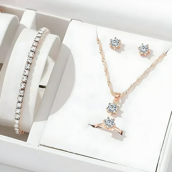 DESIGNICE 5Pcs Elegant Crystal Jewelry Sets For Women Necklace Earrings Ring Bracelet