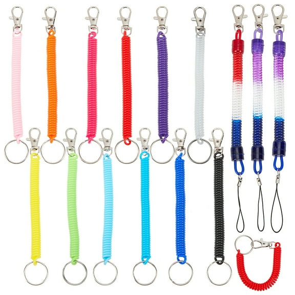 1Box 15Pcs 13 Style Plastic Spiral Retractable Spring Coil Keychain Theftproof Anti-lost Stretch Cord Safety Key Ring with Metal Lobster Clasp Mixed Color 17~24x1cm