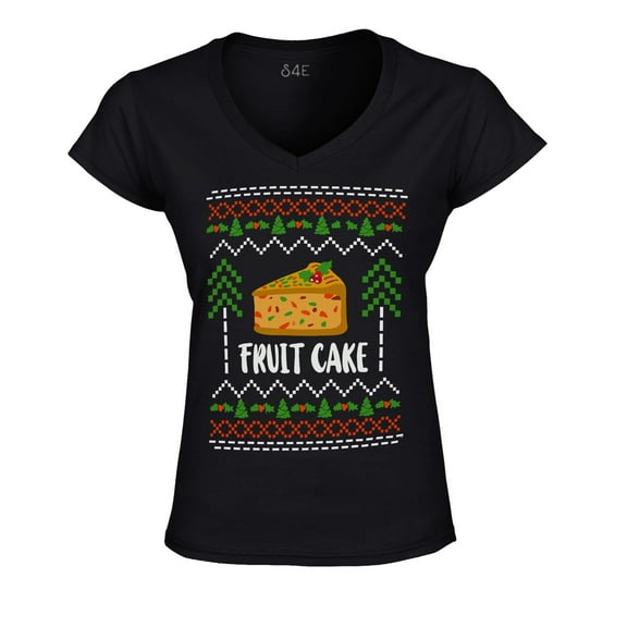 S4E Women's Fruit Cake Christmas Holiday Slim Fit V-Neck T-Shirt Small Black