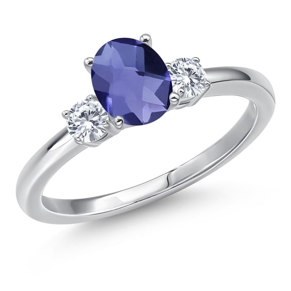 Gem Stone King 14K White Gold Blue Iolite and Moissanite Engagement Ring for Women | 0.85 Cttw | Oval Checkerboard 7X5MM | Gemstone Birthstone | Size 7