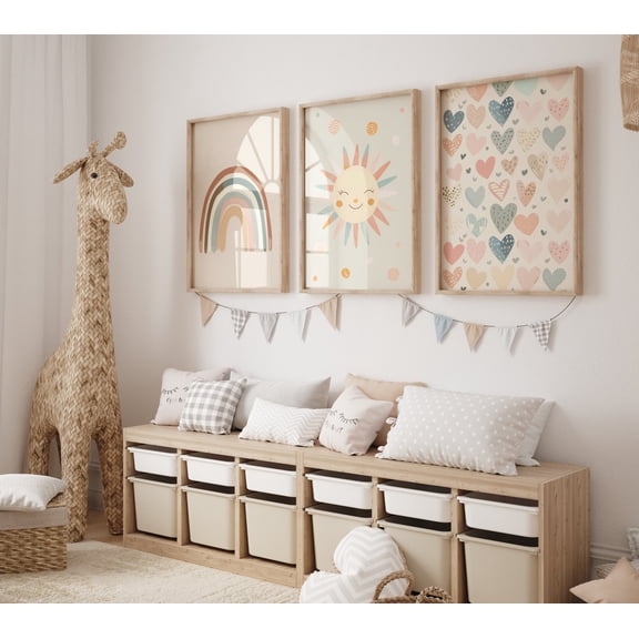 Boho Rainbow Sun Hearts Wall Art Soft Colors Nursery Prints Neutral Playroom Decor Set 3 Unframed Paper Print 8x12
