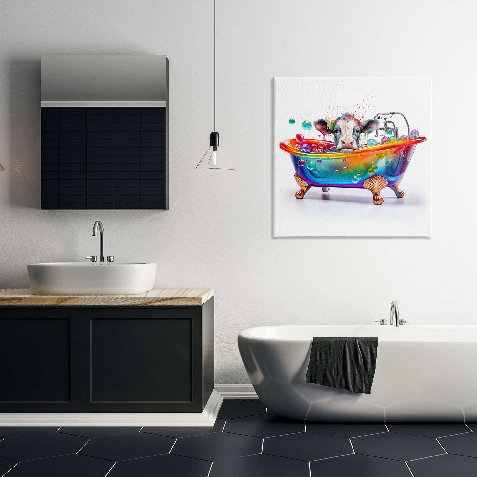 Stupell Industries Cow in Rainbow Bath Typography Painting Gallery Wrapped Canvas Art Print Wall Art, 30 x 30