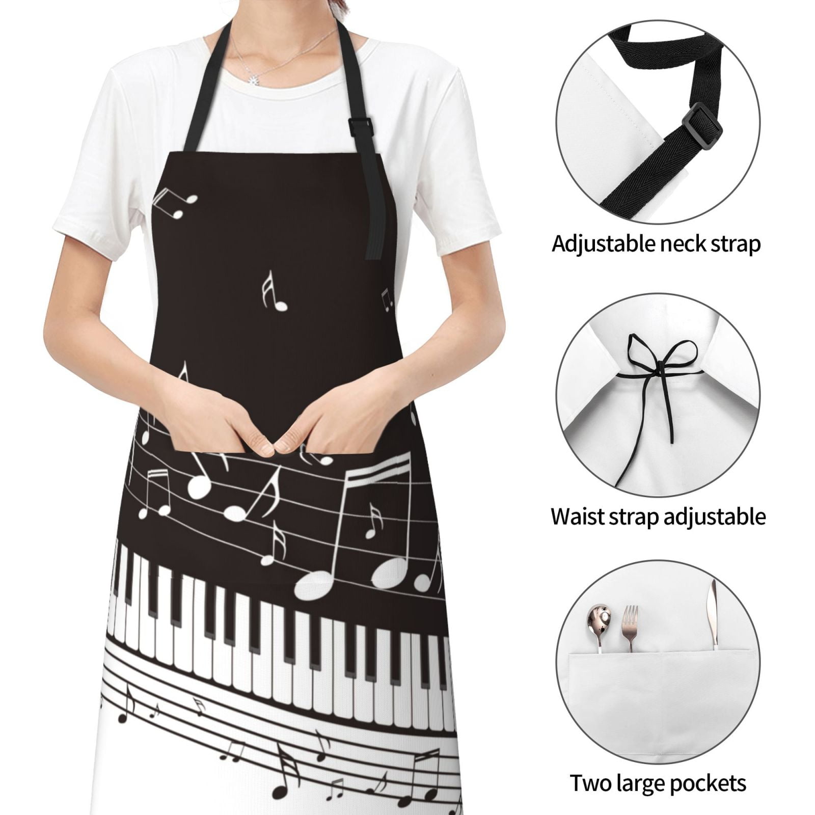 Kdxio Piano Keys With Musical Notes Apron with Pockets Adjustable Kitchen Aprons for Men Women Waterproof Aprons for Cooking,Drawing,Crafting, Baking Household Cleaning