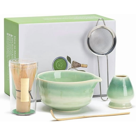 WZW Matcha Set, Matcha Bowl with Spout, Matcha Whisk and Holder, Bamboo Matcha Scoop and Stainless Steel Sifter - 5 Pcs Gradient Green Matcha Kit for Matcha Lover