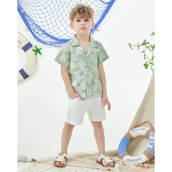 CARETOO Toddler Boy Clothes Summer Outfits Short Sleeve Button Down Shirt Shorts Beach Casual Set