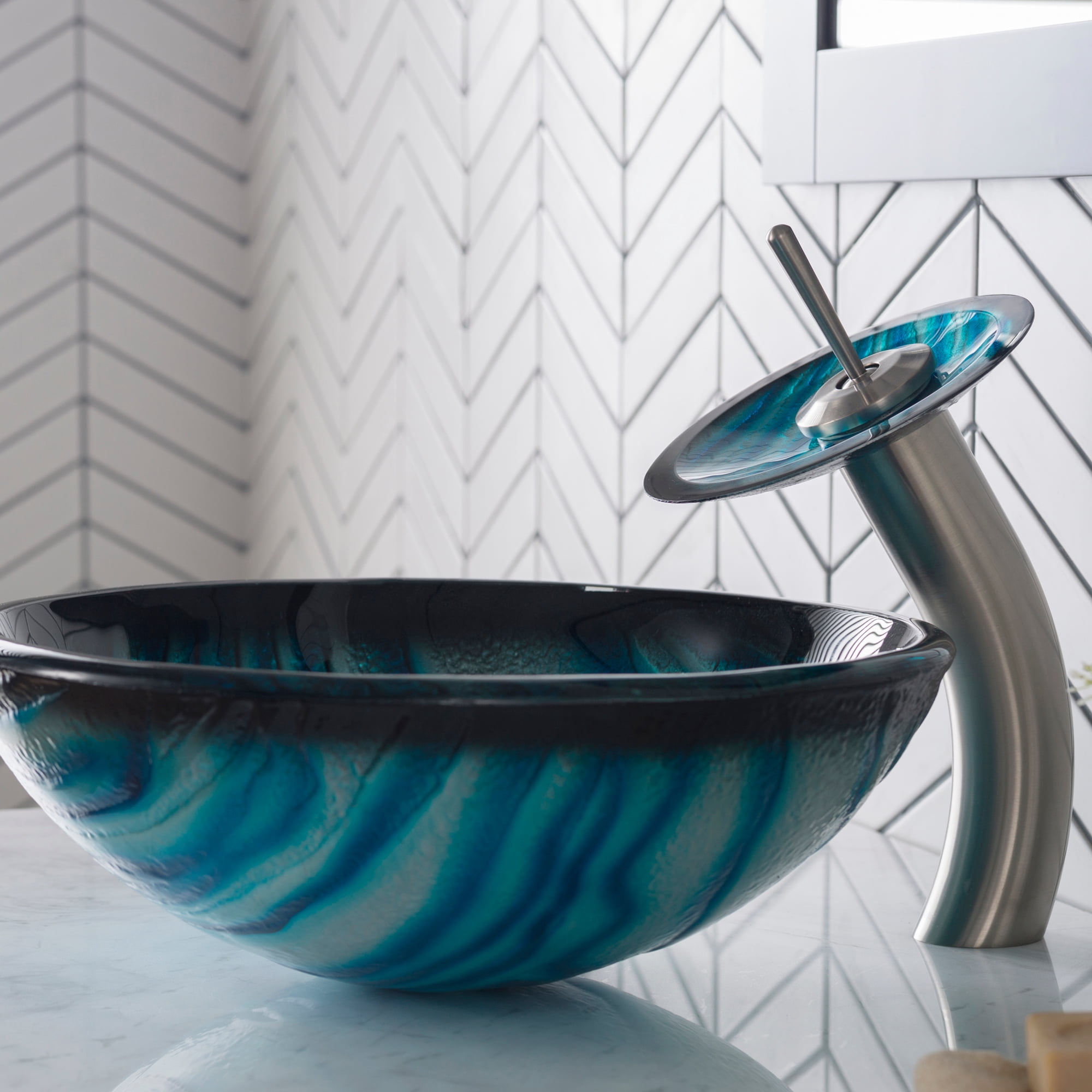 AUS Nature Series Blue Glass Bathroom Vessel Sink and Waterfall Faucet Combo Set with Matching Disk and Pop-Up Drain, Satin Nickel Finish