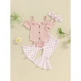 thumbnail image 2 of Suealasg Baby Girls Summer Flare Pants Outfits Short Sleeve 3D Bow Romper + Elastic Waist Flare Pants + Checkboard Headband Toddler Newborn Girls Summer 2 Piece Set, 2 of 9