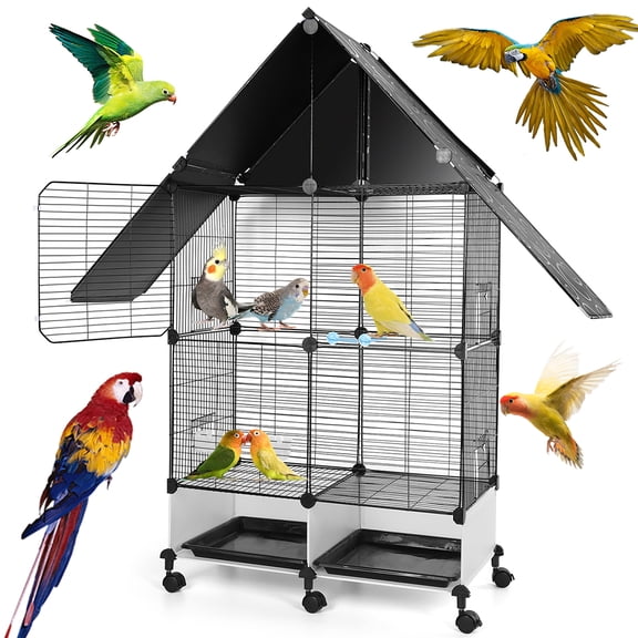 Qiyester Bird Cage Wrought Iron Pet Nest with Rolling Stand with Slide-Out Tray, Water Bottle&Feeder