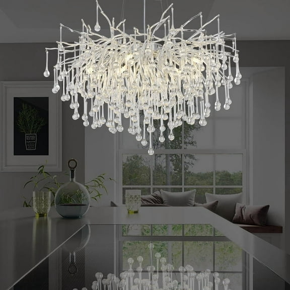 Modern Chandeliers for Dining Room 31.5in Crystal Chandelier Silver Tree Branch Chandelier for Living Room Raindrop Round Ceiling Pendant Light Fixture Large Entryway Chandelier for Foyer