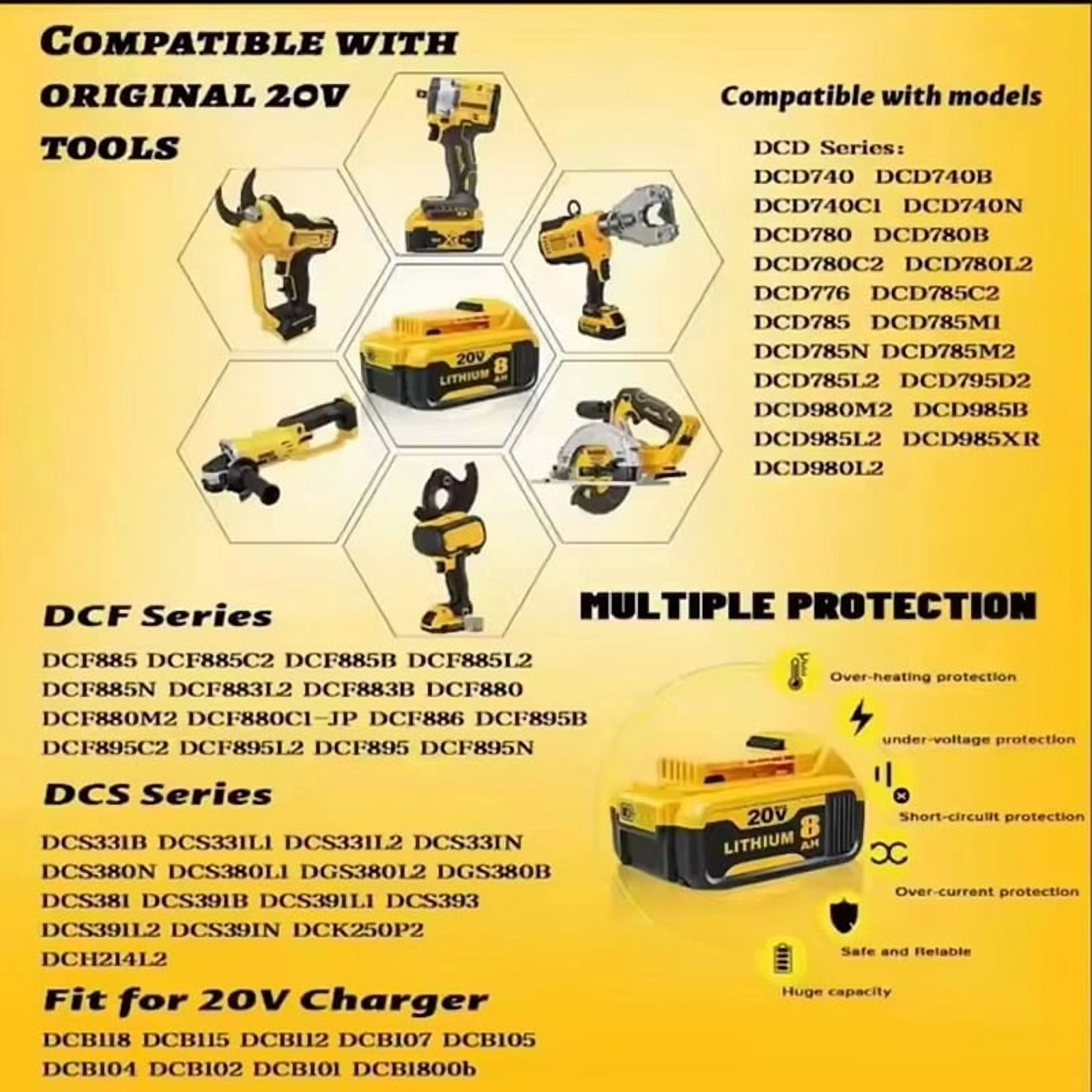 DCB200 8.0Ah Lithium Battery and 1pack 3A charger Withcharger Replacement for Dewalt 20V Battery Max XRCordless Tools DCB180 DCB206 DCB206-2 DCB204 DCB204BT-2 DCB203 DCB201 Wirelesspower t