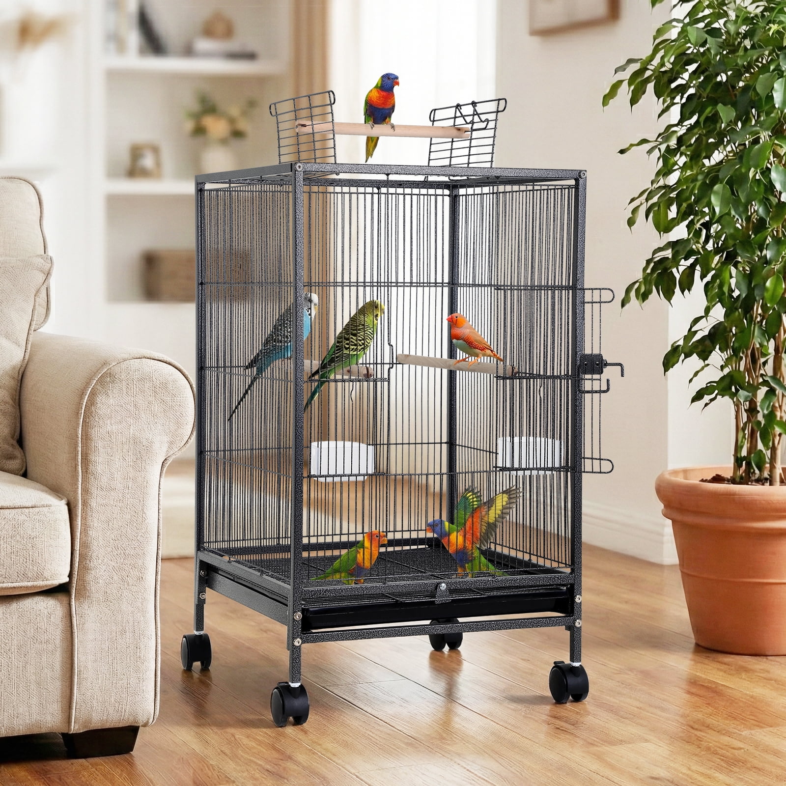 NiamVelo Bird Cage 35 Inch Wrought Iron Flight Birdcages for Cockatiels Parakeets Pigeons Parrot Lovebird with Rolling Stand Bird Playground, Black
