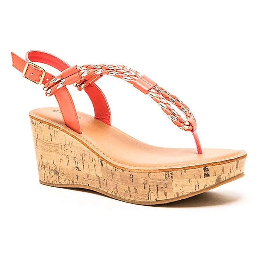 Qupid Qupid Women's Bali Strappy Braided Platform Wedge Sandal, Coral
