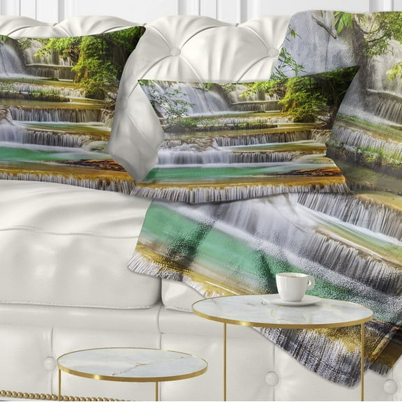 Designart Tranquil Erawan Waterfall - Landscape Printed Throw Pillow - 12x20