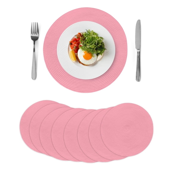 Round Woven Placemats set of 8, Pink Washable&Heat Resistant Plastic Wipeable Placemats for Round Table Solid Color Kitchen Dining Table Decor, 15in,