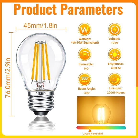 JINYUN-G45 LED Edison Filament Bulb 4W (40 Watt Equivalent), 2700K Warm White, E26 Base Clear Glass Small Globe Light Bulbs for Pendant Lights & Chandeliers, Non-Dimmable, 2 Pack