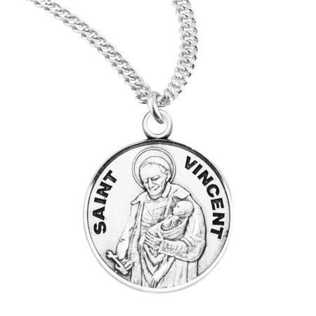 Sterling Silver Patron Saint St.Vincent Medal Pendant Necklace in 20 Inch Rhodium Plated Stainless Steel Chain, Deluxe Velvet Gift Box - Made in USA