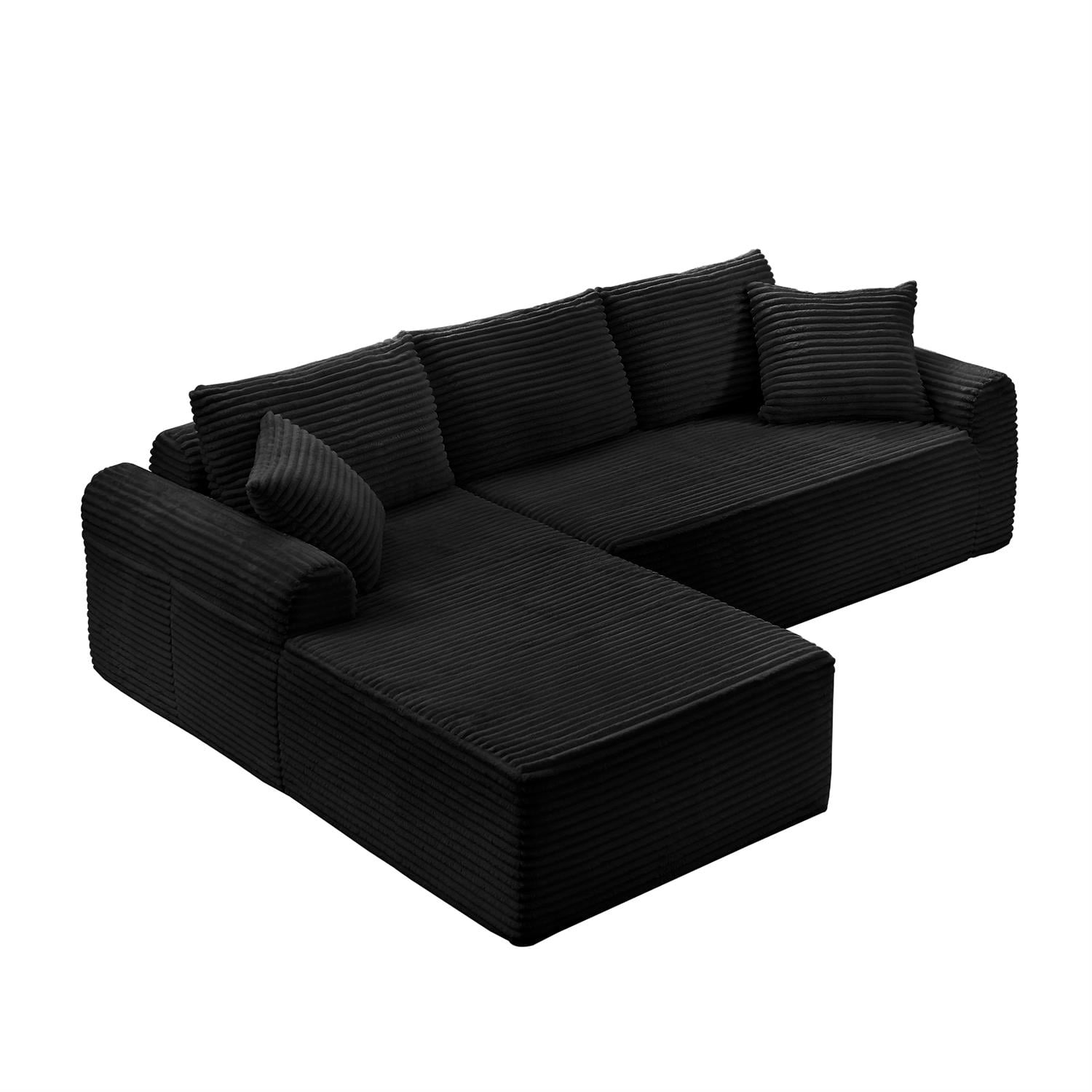 Demi Bonn 103" Cozy Corduroy Sectional Sofa with Arched Armrests, Non-Slip Base, 3 Back Cushions and 2 Throw Pillows, Full-Compression Chaise Lounge Couch Set, Black