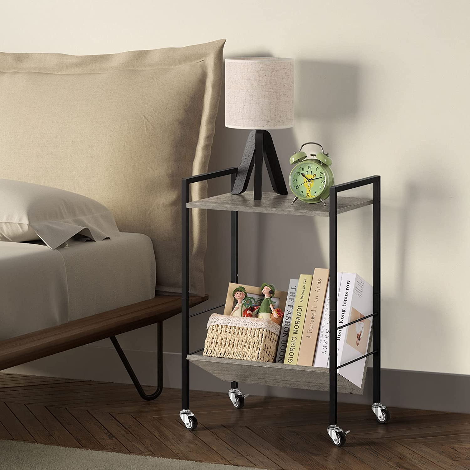 2 Tier Record Player Stand End Table with Vinyl Storage Shelf, Gray