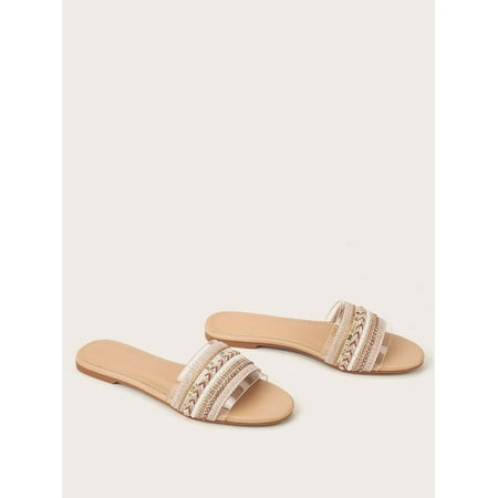 

Women s PU Leather Pearl Detail Open Toe Flat Slide Sandals Casual Summer Fashion Walking Slippers Shoes Beige EUR40(9)