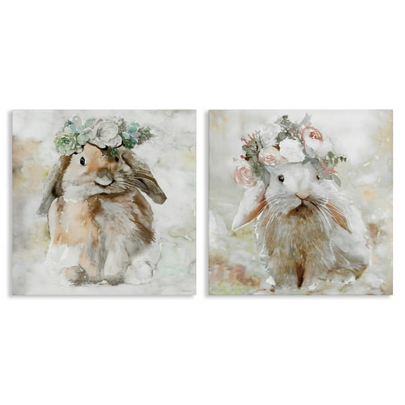 Stupell Industries Soft Spring Floral Bunnies Animals Painting Wrapped Canvas Art Print Wall Art, 17 x 17, Set of 2