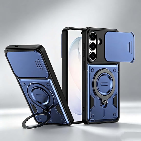 For Samsung Galaxy A57 Rugged Phone Case,360°Rotatable Ring Kickstand,Heavy Duty Shockproof Drop Protection,With Sliding Camera Cover,Non-Slip Anti-Scratch Durable Phone Case Cover,Dark Blue