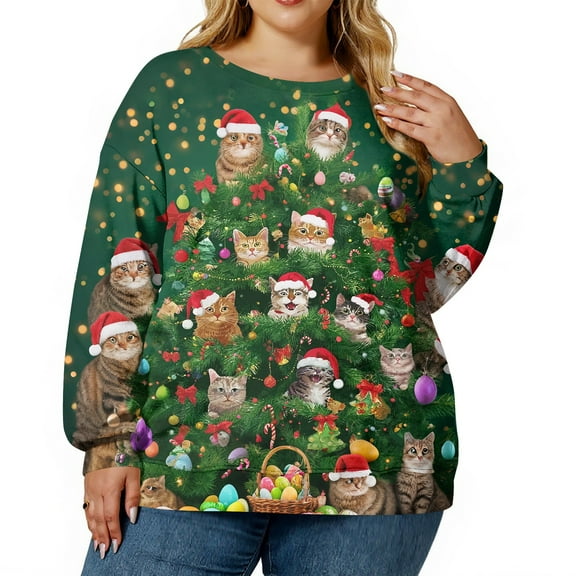 Cartoon Print T Shirt Women Party Long Sleeve Loose Plus Size Tops Christmas costumes women Festival Casual O-Neck Tee Shirt