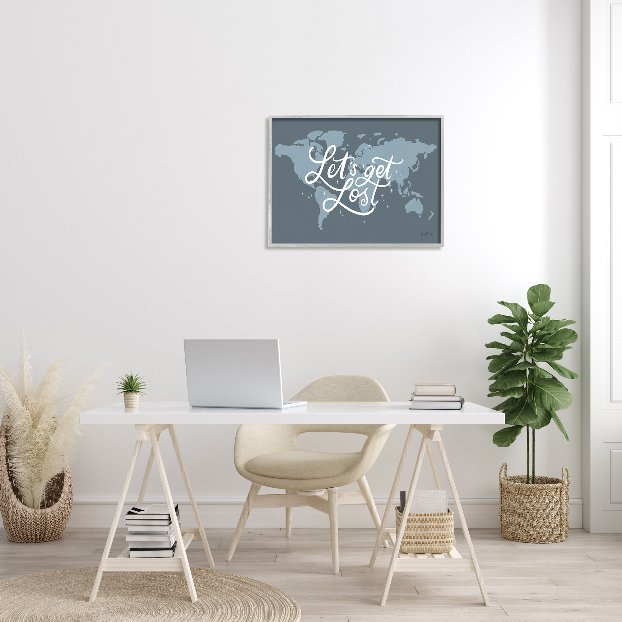 Stupell Industries Let's Get Lost Adventure Phrase Blue World Map Inspirational Painting Gray Framed Art Print Wall Art, 24 x 30