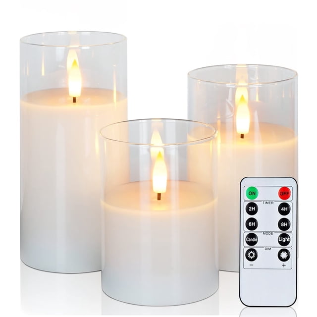 Clear Glass Flameless Candles Battery Operated with Timer, Remote Control, LED Pillar Candles Battery Powered, D3 H4 5" 6", Set of