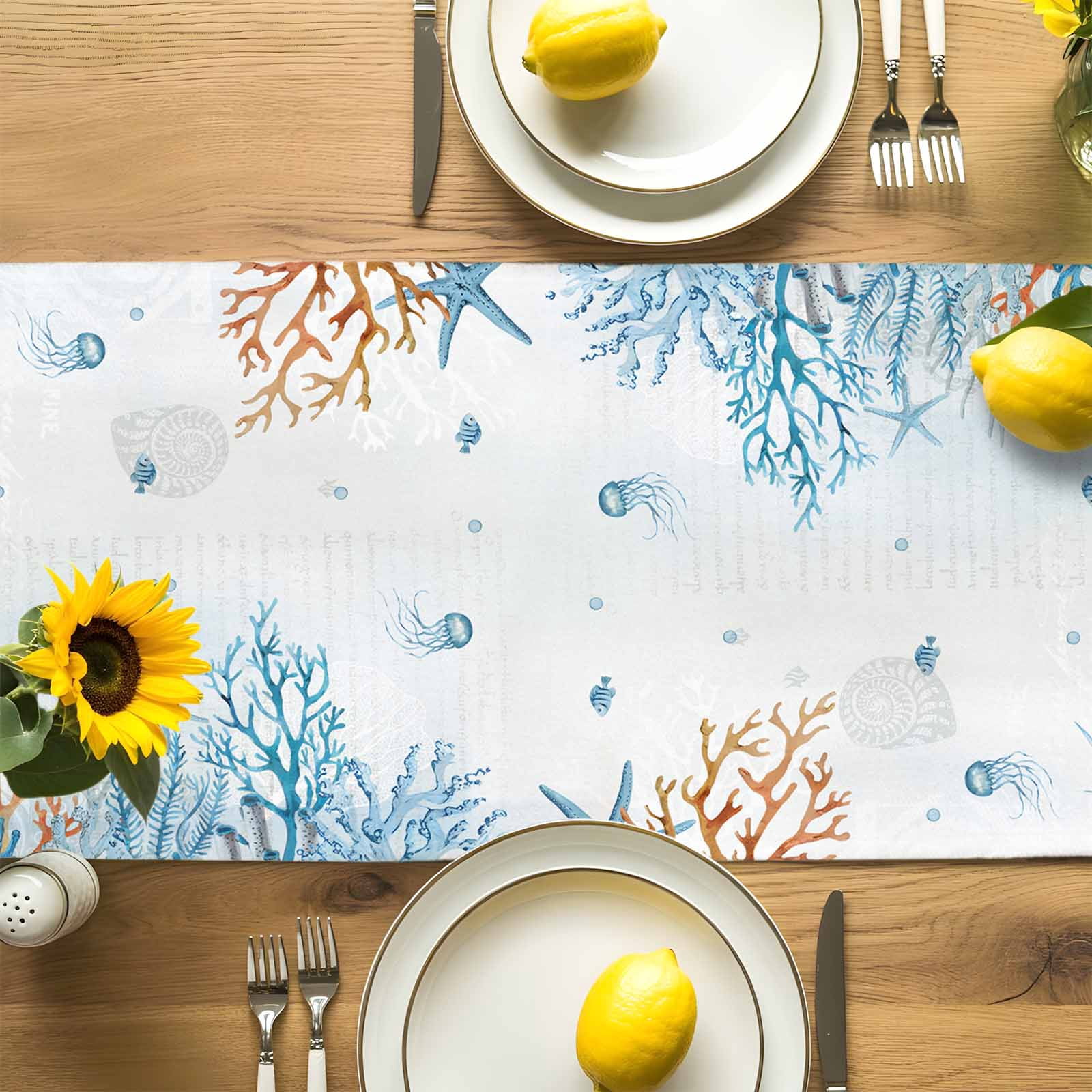 Sea ​​turtle Ocean Blue Coral Table Runner 90 Inches Long, Starfish Jellyfish Underwater World Table Runners Tabletop Scarf Kitchen Dining Tables Decoration for Home Party Indoor Outdoor